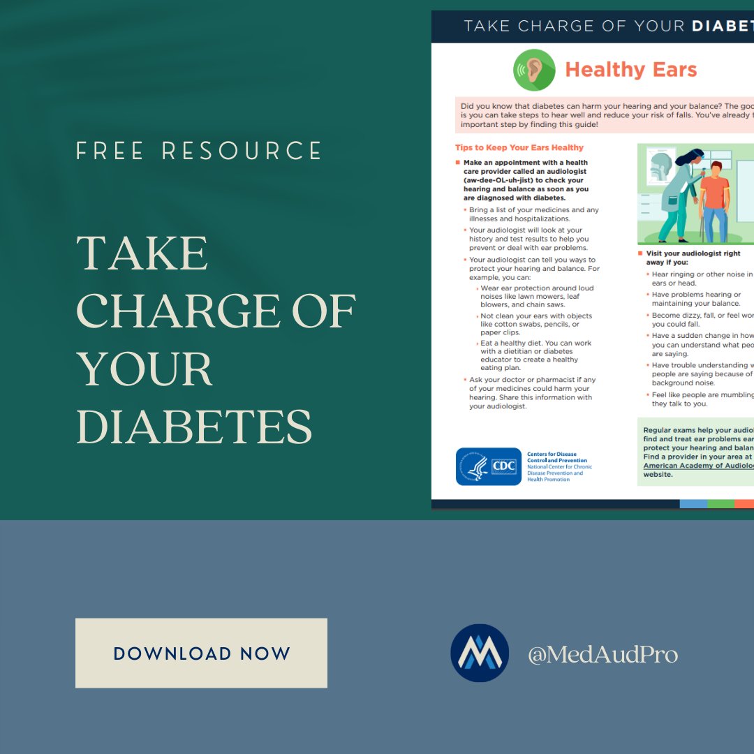 MedAudPro's tweet photo. Check out the CDC brochure that talks Ears and Diabetes and suggests ways to prevent the negative outcomes of hearing and balance impairments. Download HERE https://t.co/vPaYJZfq3J for a quick and knowledgeable read on this subject.  
#MedAudPro #Diabetes #Audiologists #Audpeeps https://t.co/jnQ28dEP3F