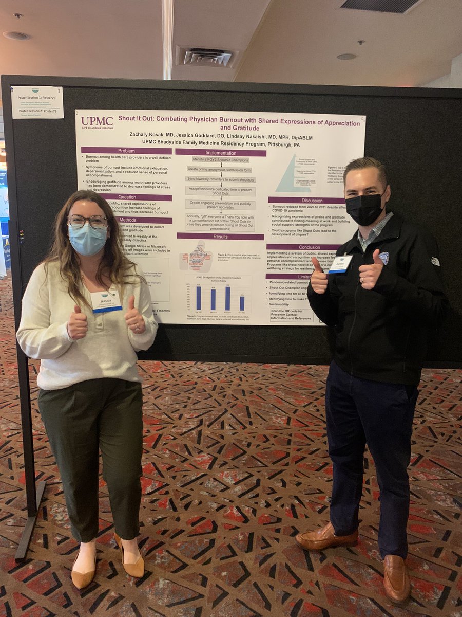 PGY-3 residents Jess Goddard and Zack Kosak about to present our Shadyside Shout Outs program - come check out how we’re fighting burnout at the next #FMEC_2021 poster session!!!