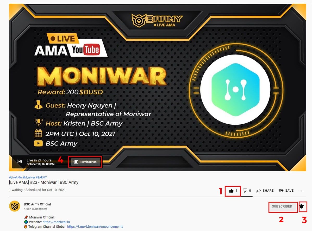 #BSCArmy &amp; #Moniwar will co-host a live #AMA!

⏰ 2PM UTC | Oct 10

👤 Guest: Henry Nguyen | Representative of Moniwar

🎁 Reward:  200 $BUSD

Rules: 
🔸Complete 4 steps in the pic 👇
🔸Like &amp; Retweet
🔸Cmt proof &amp; tag 3 👧 in this Tweet

YT link: youtu.be/3LHeicjmOG8
Join us!