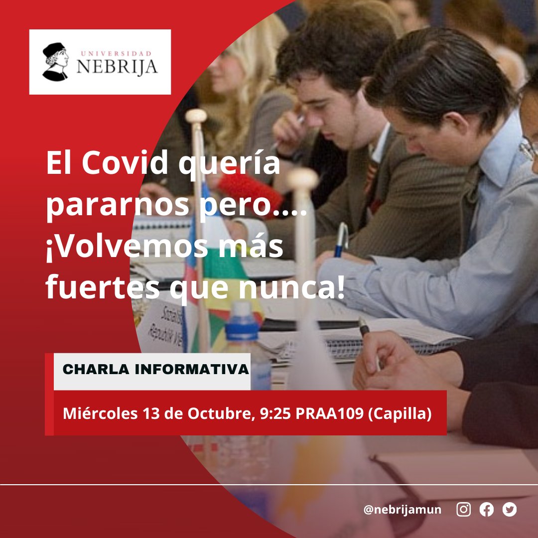 NebrijaMUN's tweet photo. ¡Estamos de vuelta!
Después de este pequeño parón por culpa del Covid, hemos vuelto más fuertes.

Si quieres informarte o ser parte de Nebrija MUN no te pierdas la charla informativa del próximo miércoles en la capilla del Campus Princesa.

¡Te estamos esperando! https://t.co/IqiU2KI2ln