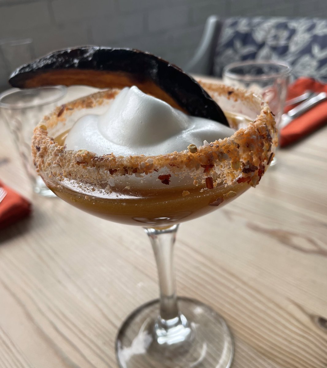 For #TwitterBlackBox I made a cocktail, I call it “Cool October Afternoon”. 2 oz Bourbon (corn liquor), 1 oz sweet potato and mace syrup, dash of charred lentil bitters, topped with lentil aquafaba foam; rimmed with spiced lentil salt and garnished with roasted sweet potato.
