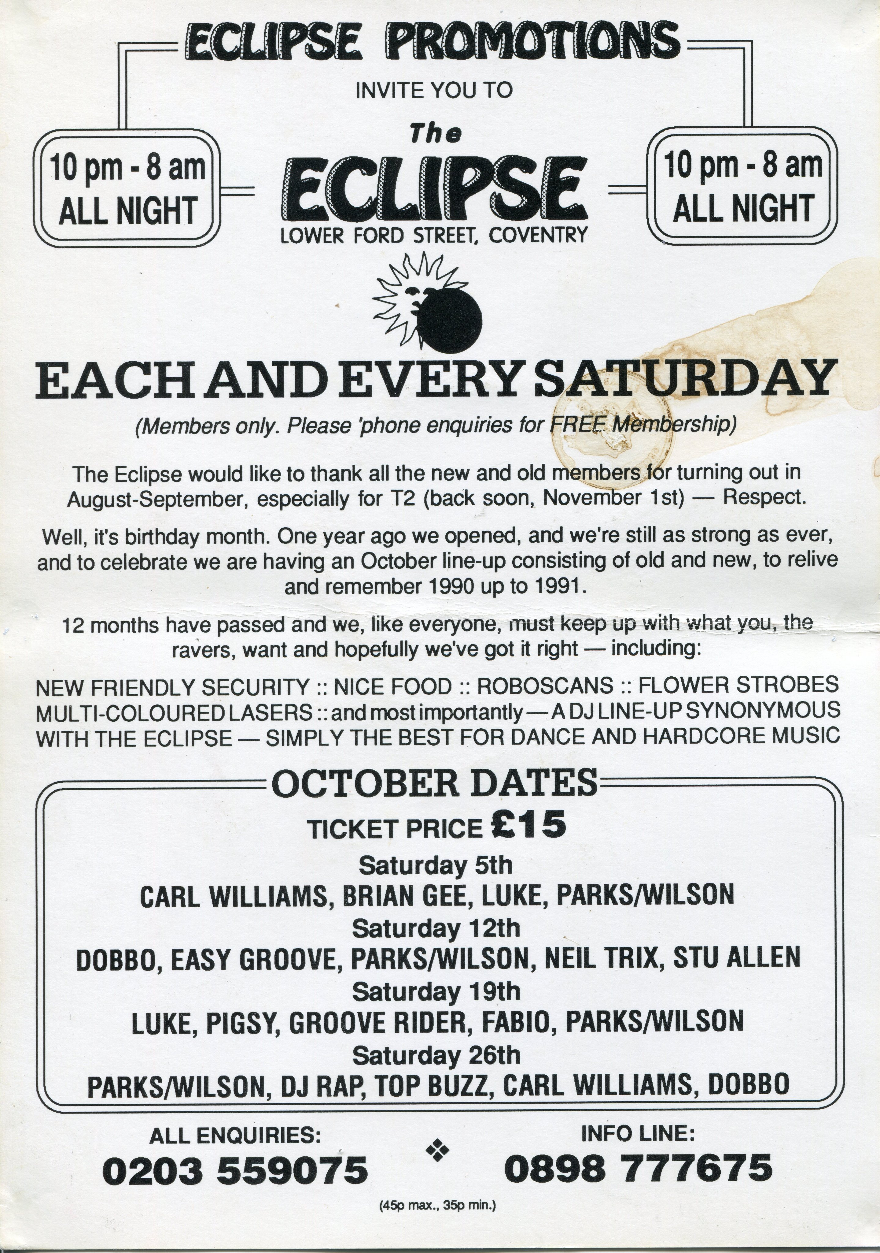 Rave flyers Uk on Twitter: "The Eclipse, Lower ford street,Coventry. October Dates, Every Saturday 1991 https://t.co/xm9mUphqYZ" / Twitter