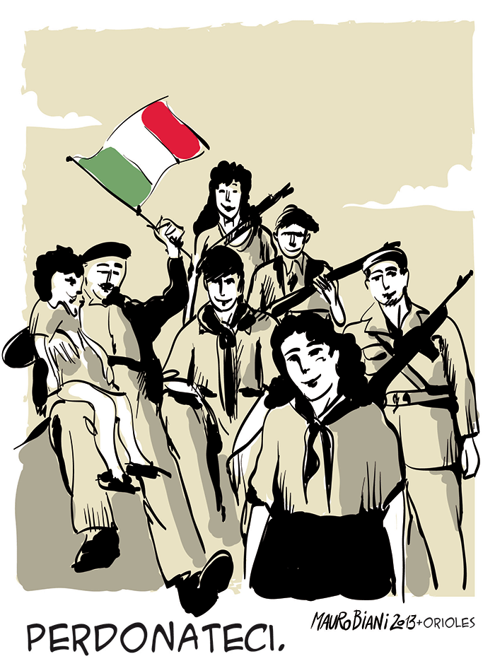 La bandiera italiana è antifascista e per niente sovranista. Ogni volta che la agitano gli squadristi è la conferma della loro sconfitta.
(vignetta del 25 aprile 2013. Perdonateci.)