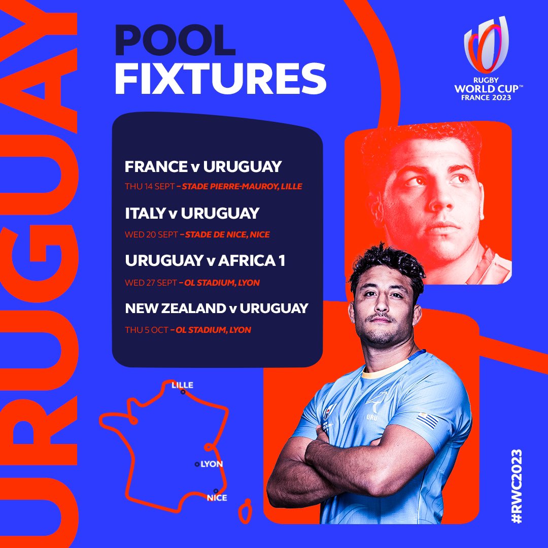 rwc_2023's tweet photo. Bienvenue @TerosXV @RugbyUruguay 🇫🇷 🏆 ¡Así será el fixture de #Uruguay en #Francia2023 🇺🇾! https://t.co/7SLFZ9wU4r