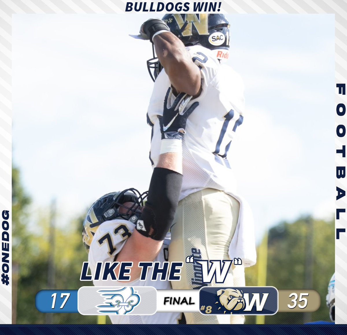 WU_Bulldogs's tweet photo. BULLDOGS WIN!!!!!!

#8 @WingateFb closes the game by scoring 35 of the final 38 points, prevailing 35-17 at Limestone!

Crocker threw for 261 yards &amp; 3 TDs; Desor had 83 receiving yards &amp; 2 TDs, Peoples added 86 rushing yards &amp; a TD!

#WUFB is 5-0!

#OneDog https://t.co/gqCIOTuJHt