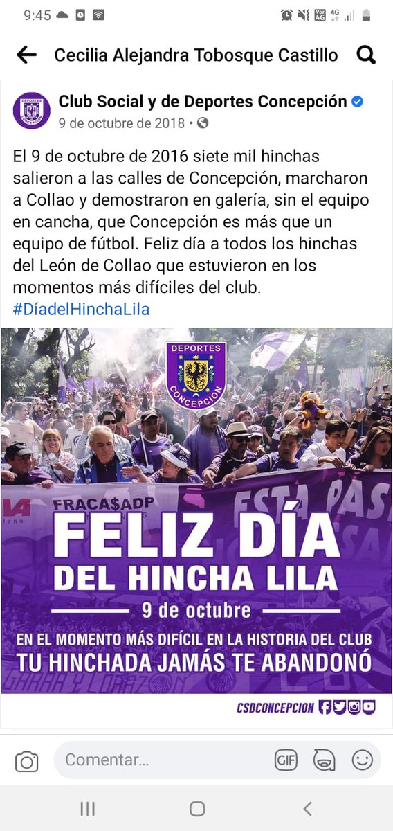 Lilita_penco's tweet photo. Porque para ser hincha de Deportes Concepcion hay que tener fuerza , garra y mucho 💜, hay que estar presente en las buenas y en las malas.Xq 09-10-2016 marchamos por las calles de Concepción cantando #ElConceNoSeVa Desde mis 4 años y para siempre existe en mi #AmorEternoAlLeon https://t.co/CJrXPxksXu