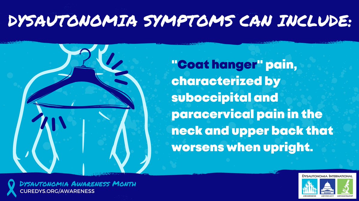 Dysautonomia's tweet photo. It's #DysautonomiaAwarenessMonth! "Coat hanger” pain is common in people with dysautonomia, and is believed to be caused by poor blood flow to the muscles of the upper back and neck. Retweet to raise awareness of dysautonomia symptoms! https://t.co/U7YCpGigFF