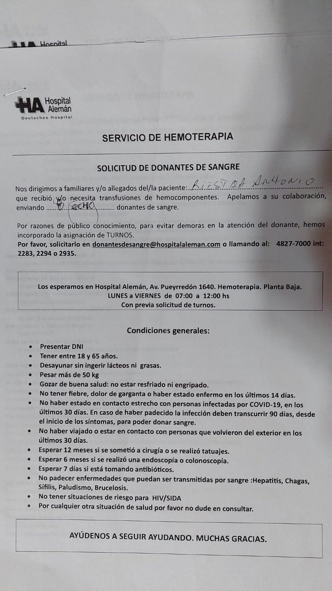 PeniaCASLAlanus's tweet photo. ⚠️ Se necesitan dadores de sangre para ANTONIO JESUS RIESTRA.
Hospital alemán.
Abajo toda la info 👇 https://t.co/bz39zSW68e