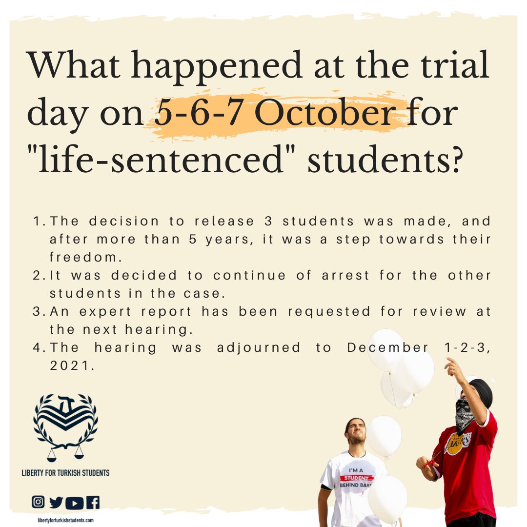 LibertyTurkish's tweet photo. What happened at the trial day on 5-6-7 October for "life-sentenced" students?

#3FreeStudents
#StudentsBehindBars
#justicenotmercy
#askeriöğrencileriserbestbırakın https://t.co/fht7ac98rn