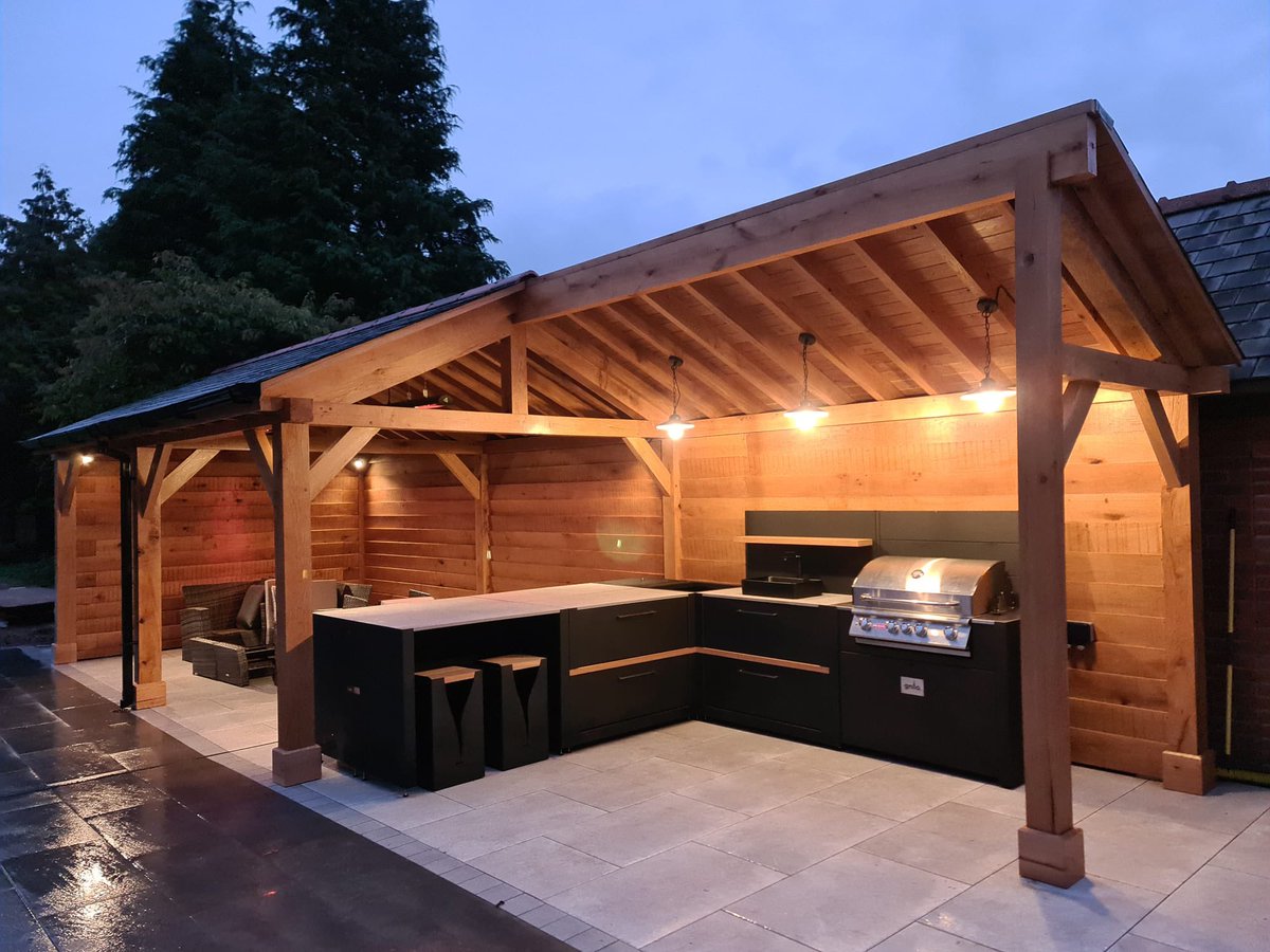 Oak gazebo we built, with <a href="/SandstoneUK/">Cheshire Paving Stones</a> porcelain paving and <a href="/GrilloLiving/">Grillo</a> kitchen at our recent project outside #chester