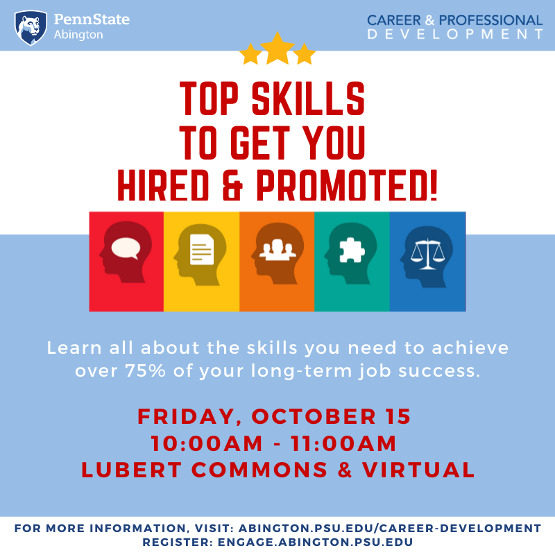 psucareersab's tweet photo. You won't want to miss this event on Friday, October 15. Learn all about the skills you need to achieve over 75% of your long-term success!
Register: https://t.co/SjNaYXxWBW
#CPD #PSUA #weare #CareerWeek https://t.co/9ZdvE28J9S
