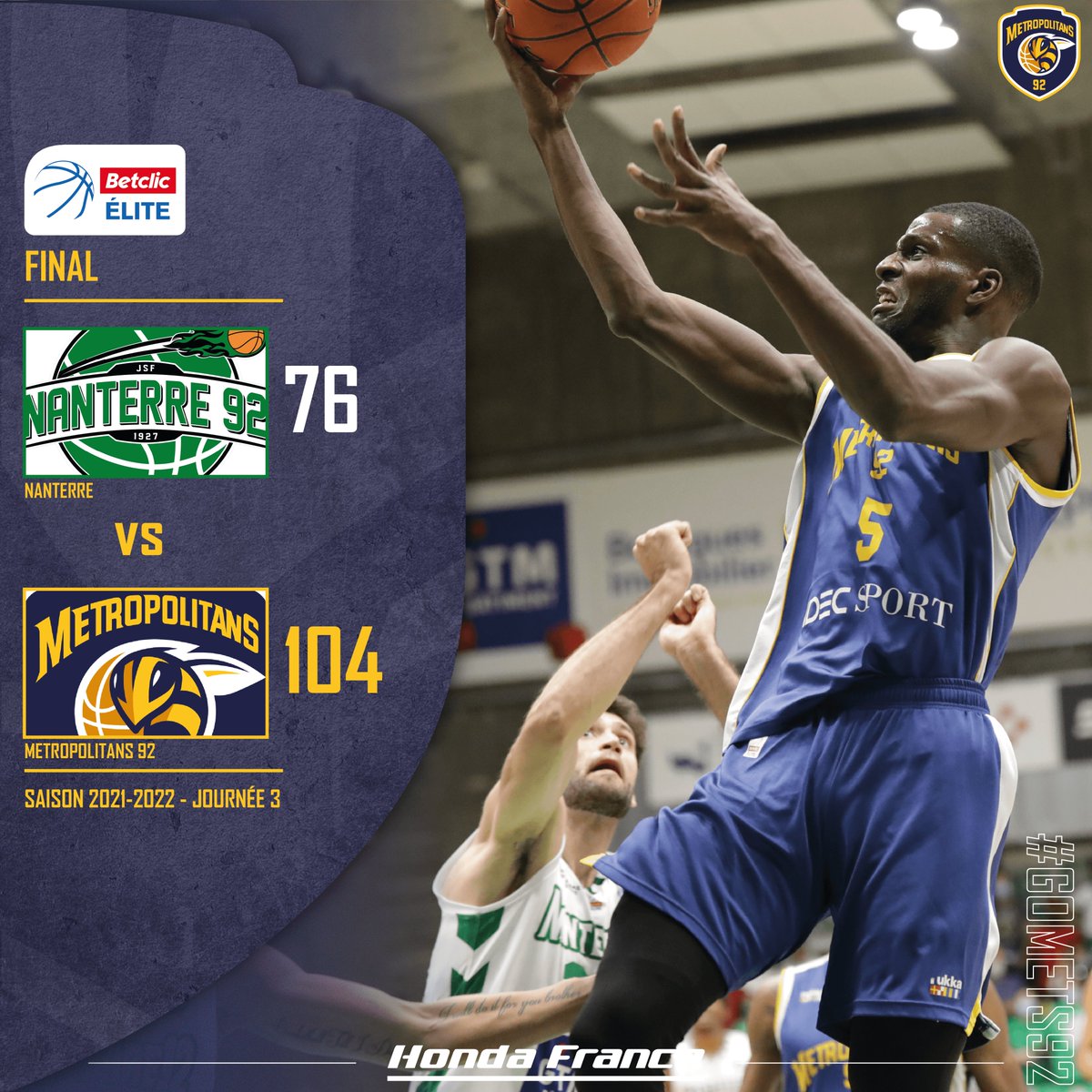 Metropolitans92's tweet photo. 💥VICTOIRE💥 #Derby 
Match sérieux des Metropolitans 92 qui s’imposent ce soir sur le parquet de @Nanterre92 76-104 pour le premier derby des Hauts-de-Seine de la saison !!! 💪🏀
#GoMets92 #BetclicElite https://t.co/1CITbyN50o