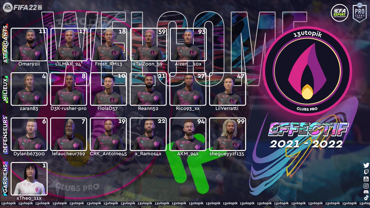 🟣⚫ EFFECTIF 2021-2022 ⚫🟣

➡️ Voici le groupe des 18 joueurs qui représenteront <a href="/13Utopik/">13UP</a> cette saison sur <a href="/eSportFA_FR/">ESPORT FOR ASSOCIATIONS</a> ! 

➡️ On va vivre une super saison de football ! 🤩

⚔️ Prêt pour le combat ! ⚔️

🟣⚫ ALLEZ 13UTOPIK !!! ⚫🟣