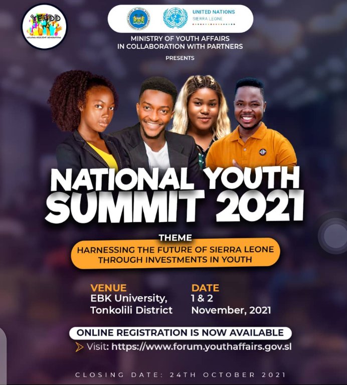 Ministry of Youth Affairs, in partnership with the UN system and other partners in Sierra Leone has proposed a two day National Youth Summit to commemorate the 2021 African Youth Day, on the 1st &amp; 2nd of November 2021, at the EBK University in Magburaka. forum.youthaffairs.gov.sl/national-youth…