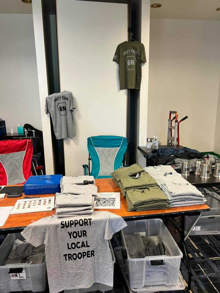The #GrayNation is selling apparel today in Philadelphia for the kick-off of the Police Unity Tour. These bicyclists will be riding three multiple states over four day ending at the Law Enforcement memorial in DC! #hero #support #honor