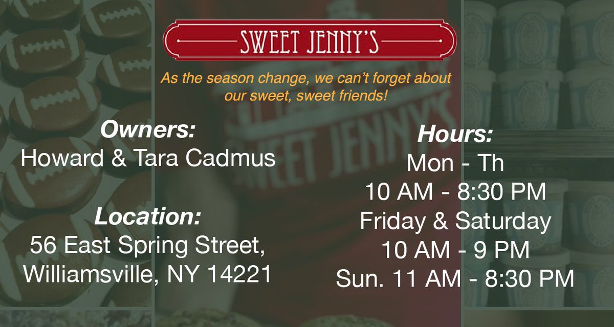 As it gets a little colder, we spread the #SupportSaturday love to our friends, Sweet Jenny's - Buffalo - NY ! 

More than ice cream, Sweet Jenny's has chocolate, comics, and is a historic mill! Swing by and grab ice cream pies, pints, cakes, or retro candy today! https://t.co/eTWH4pERvG