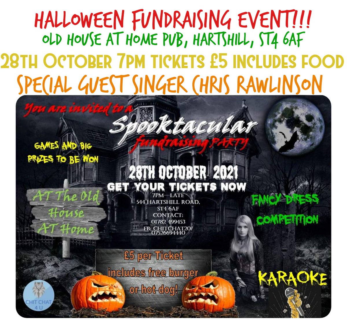 ONLY £5!!!! GET YOUR TICKETS NOW GUYS.... .MONEY GOES TOWARDS Chit Chat 4 u COMMUNITY GROUP!!! BIG PRIZES TO BE WON!!! FANCY DRESS COMPETITION! GAMES! KARAOKE!! AND AN AMAZING SINGER Chris Rawlinson - SING When You've Won #fundraiser #halloween2021 #Halloween #SOT #StokeOnTrent