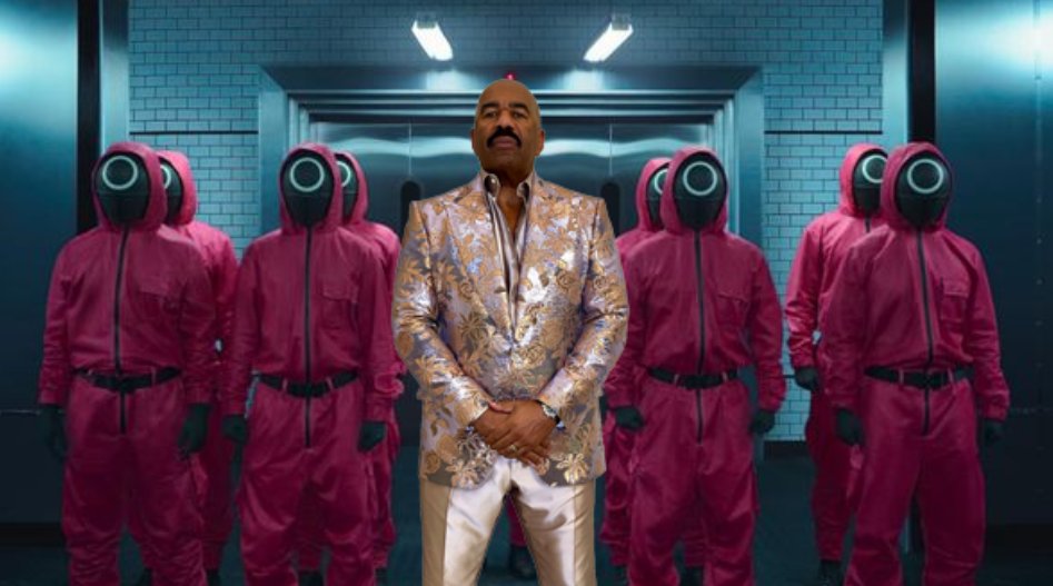 <a href="/IAmSteveHarvey/">Steve Harvey</a> Steve looking like a VIP from Squid Game