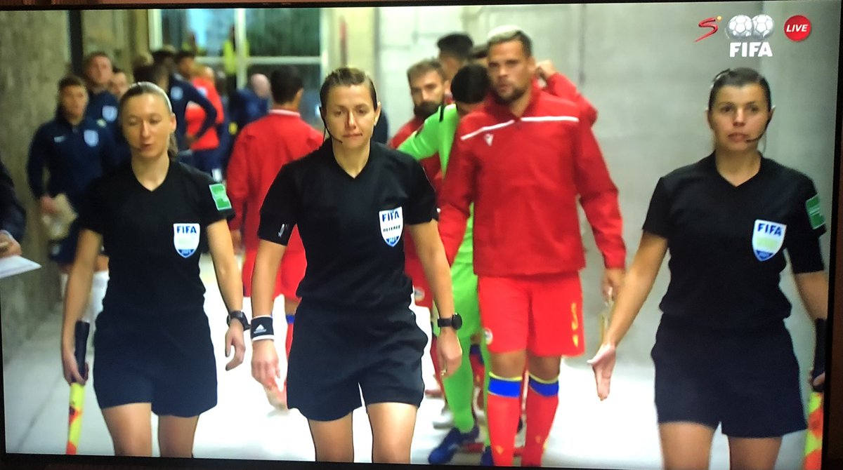 RosG101's tweet photo. Hell yeah. Kateryna Monzul leading an all-female refereeing team for #ANDvsENG 🙌🏼 https://t.co/gWzF4CWJc0