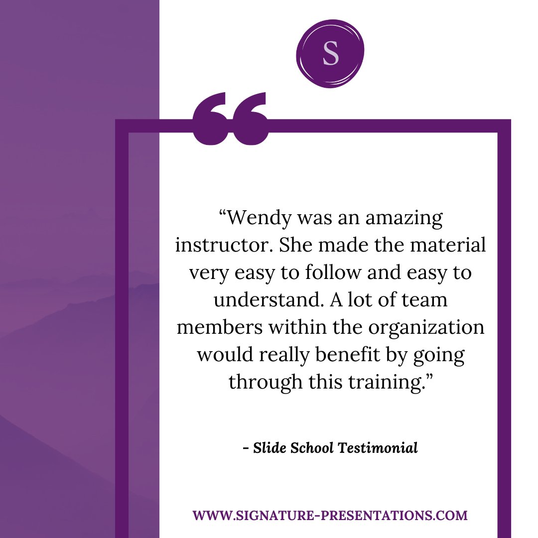 SigPrez's tweet photo. I love it when Slide School® students discover how simple great slide can be to create! Join us for next Thursday’s Slide School®: https://t.co/NDrEABrVkh
#SignaturePresentations #BeClear #BeConfident #BeMemorable #SlideSchool https://t.co/kCB8DuT7ib