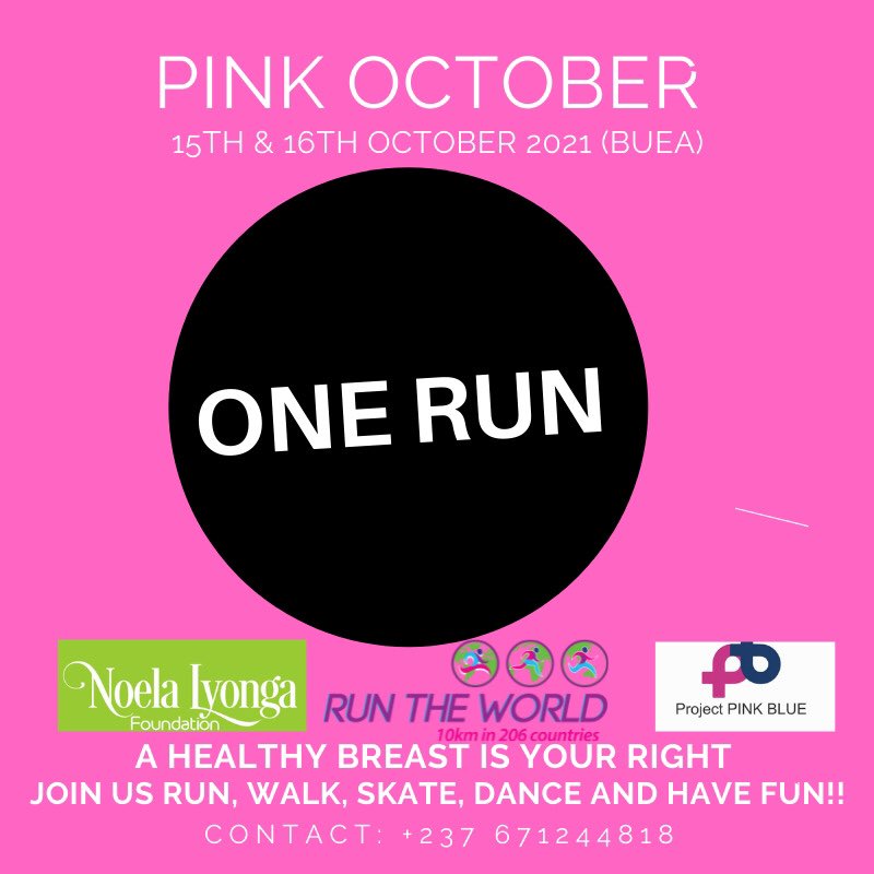 Hurray!!!!! Pink October is here again, it’s another season to creat awareness about breast cancer. Join the Noela Lyonga foundation this season and creat impact.
#Noelalyongafoundation
#Onerun
#PinkOctober