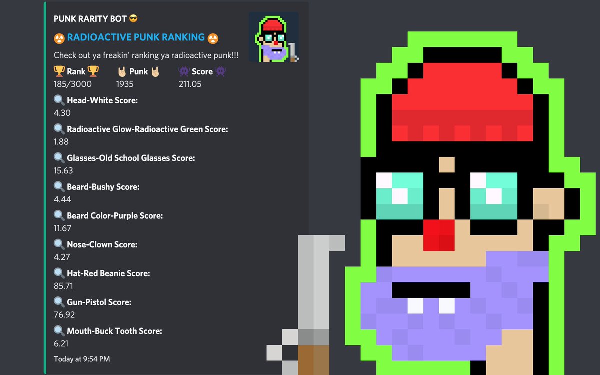 radioactivepnks's tweet photo. Our in-house Rarity bot is SERIOUSLY cool! 🤖
Massive props to @iamwhitelights for building a discord rarity bot in under 24 hours! 🔥🔥🔥
Our friendly bot will DM you a comprehensive list of traits about your radioactive punk! ☢️
https://t.co/JY7K0S9lC5
#radioactivepunks https://t.co/szwA637cGT