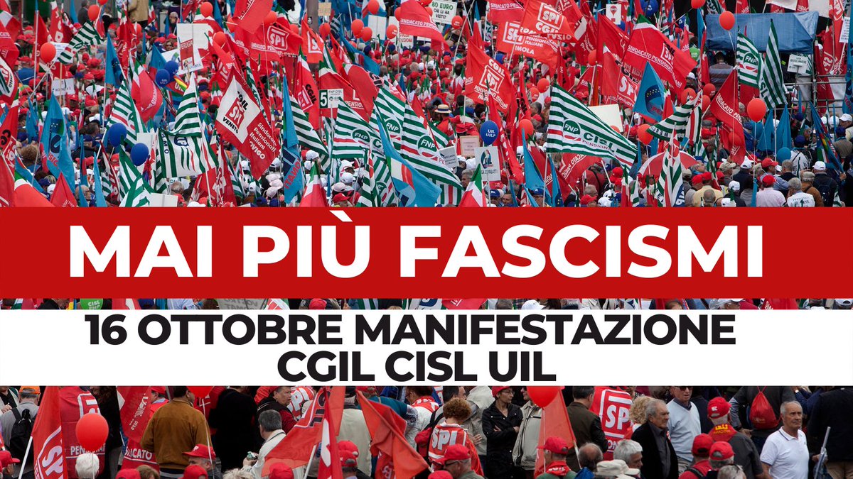 #CgilCislUil organizzeranno sabato #16ottobre a Roma, una grande manifestazione nazionale e #antifascista per il #lavoro e la #democrazia.▶️bit.ly/3lrbv4D

#Maipiùfascismi