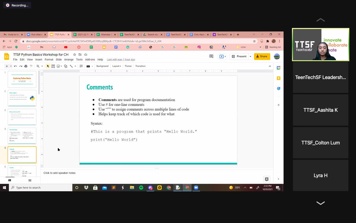 danielpanusa's tweet photo. @teentechsf Communications Vice Chair Charmi talks about the basics of Python language in the 2021 Civic Hackathon! #python #teentechsf https://t.co/pEYHfqwdcj