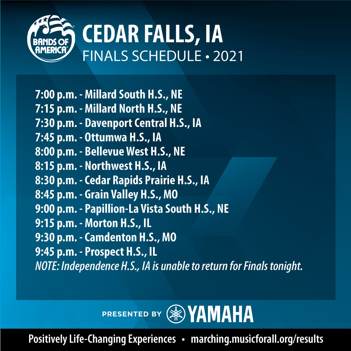 BANDSOFAMERICA's tweet photo. What a great Prelims at the 2021 Bands of America Iowa Regional Championship, presented by Yamaha! Finals Schedule and Prelims Awards Results. https://t.co/JH7soGBgHu