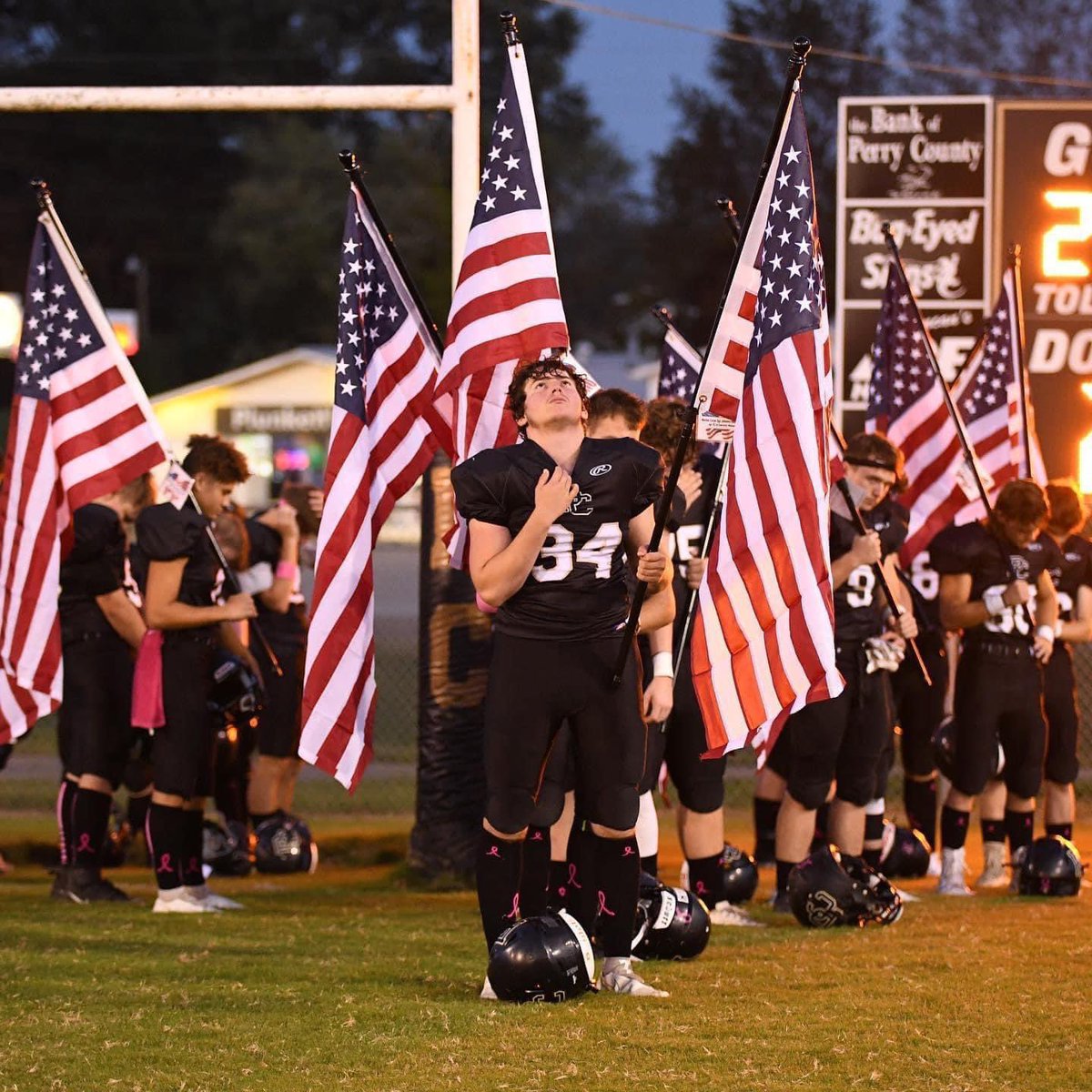 KariBear221's tweet photo. Shared from @PCHSVikings 13 flags, representing 13 Perry County souls lost in Afghanistan. The Vikings ran out &amp; gave these flags to 13 Perry County veterans at the game before kickoff on Veterans Appreciation Night at Viking Stadium. Great job guys!
#PCPride #VikingStrong #USA🇺🇸 https://t.co/gSXOBoKlQn