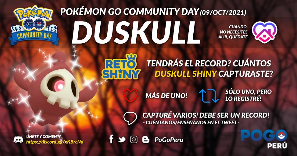 PoGoPeru's tweet photo. 🏁🇵🇪 El #PokémonGo #CommunityDay de #Duskull acabó! (5pm hr. local) Qué tal las capturas? Cuántos buenos IVs? Buenos ranks? Hagamos un #RetoShiny y veamos quiénes tuvieron más suerte hoy! https://t.co/ruvNElZ6gB