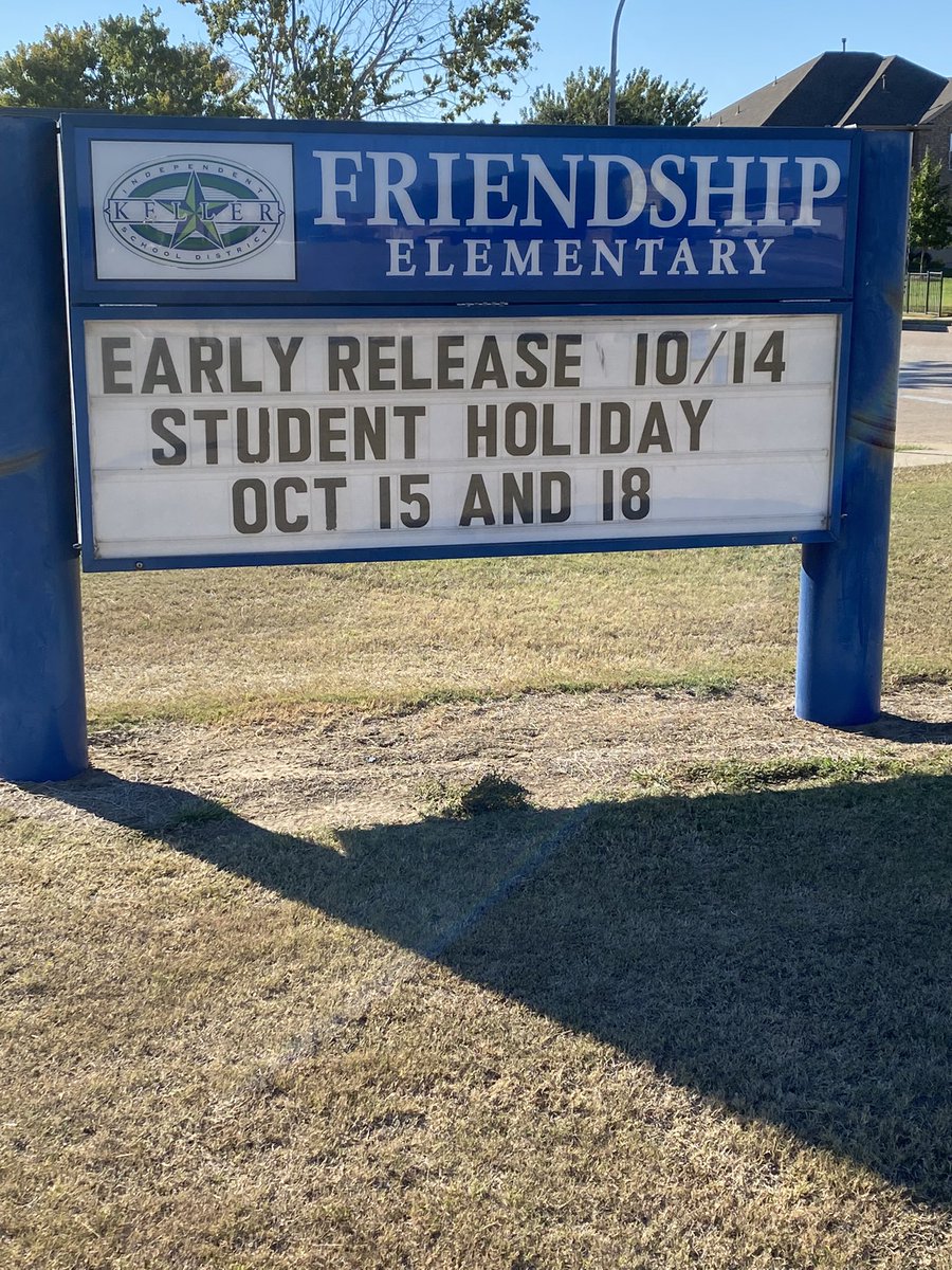 lisajean9's tweet photo. Don’t forget, Falcons…. Early release this Thursday at 11:55 am. No school Friday or Monday October 15 and 18. @FSESFriendship #proud2bFSES https://t.co/FjE6WzSPlv