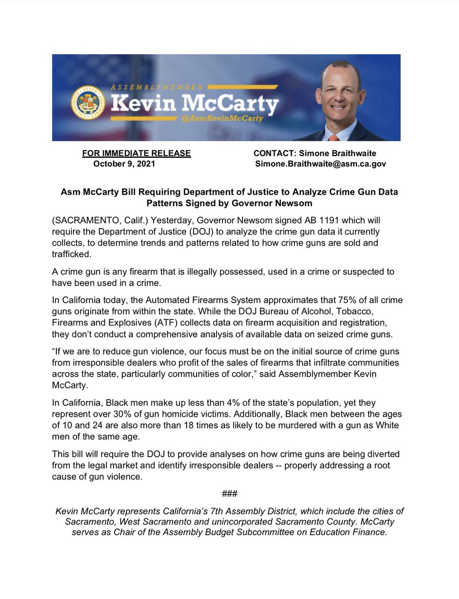 MayorMcCarty's tweet photo. My firearm tracing bill has been signed by @CAgovernor! #AB1191 will require the DOJ to analyze its crime gun data to help keep these guns out of our neighborhoods & Californians safe! https://t.co/ga7sZHgnMw