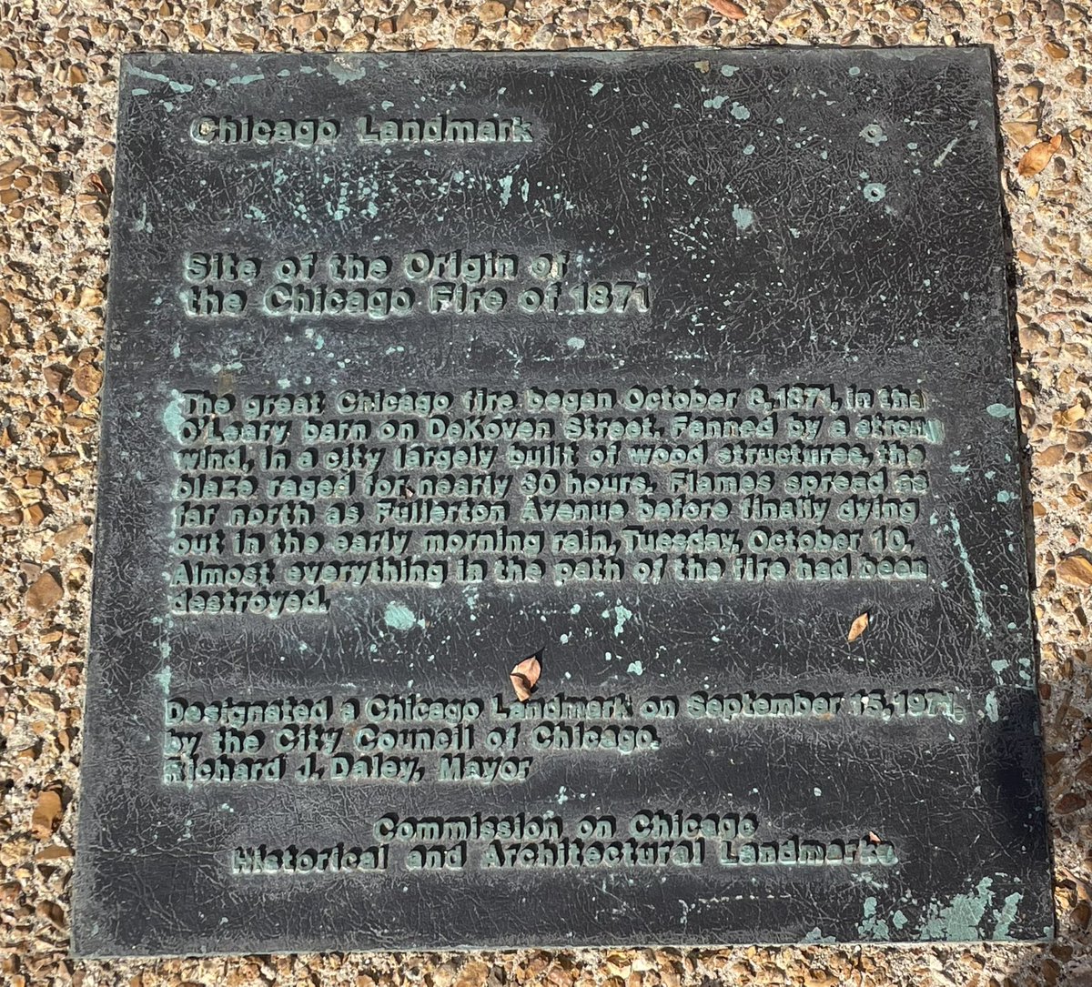 Today I rode my bike around the city to visit sites inspired by <a href="/robertloerzel/">Robert Loerzel</a>’s fantastic piece on the Chicago Fire in <a href="/ChicagoMag/">Chicago magazine</a>.

First stop was, of course, DeKoven Street where the fire was speculated to begin and NOT caused by Catherine O’Leary and the cow.