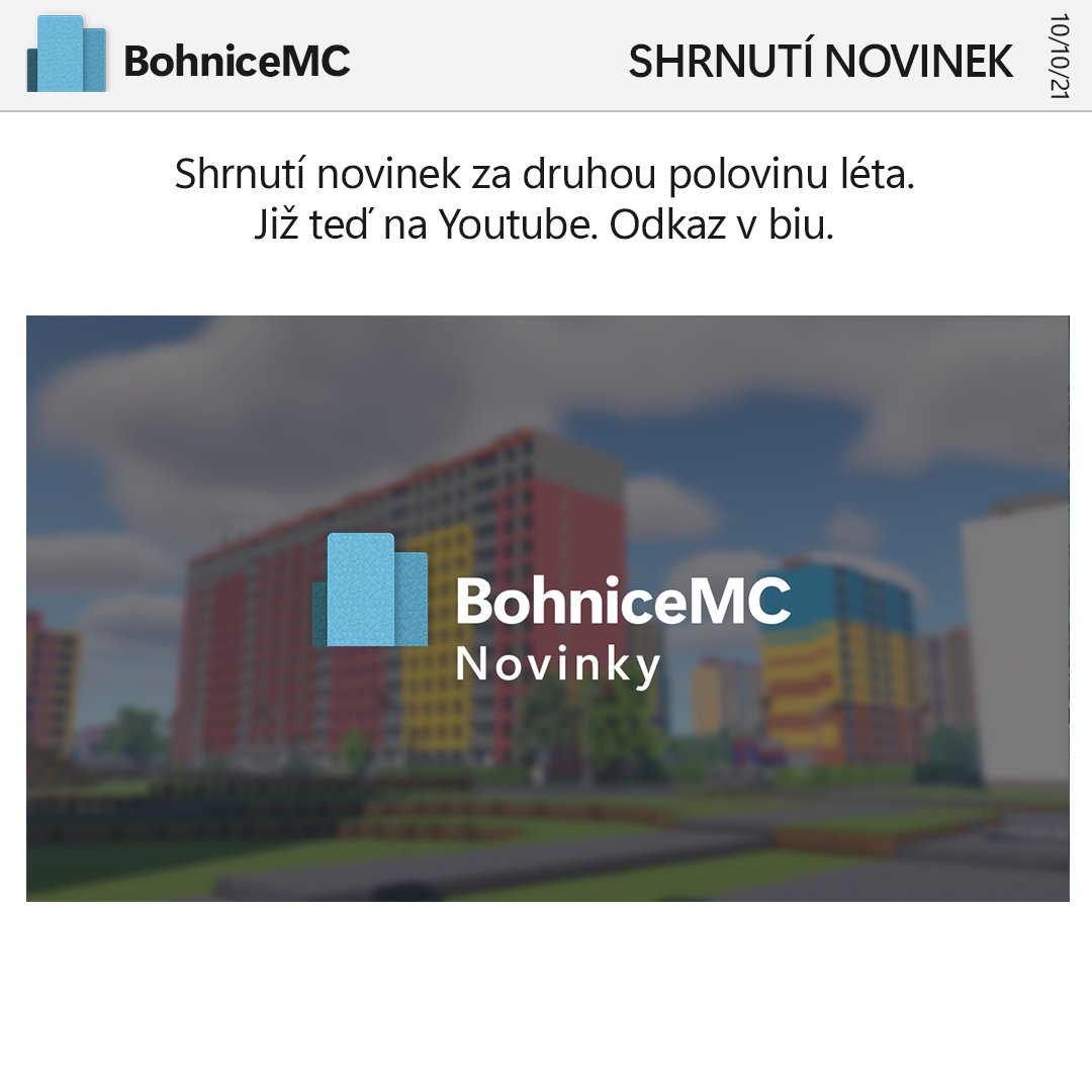 BohniceMC's tweet photo. Shrnutí novinek na mapě a serveru za druhou polovinu léta. Již teď na YouTube.
https://t.co/cyOkavWIl4

#bohnicemc https://t.co/zWuaUdsrk8