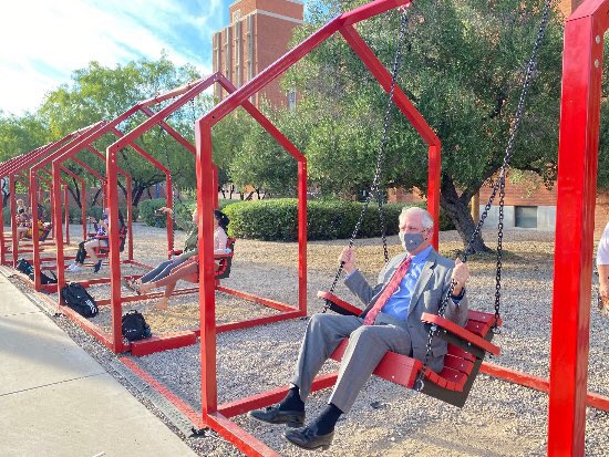 DrRobertRobbins's tweet photo. The best @UArizona thing I saw this week was the Mi Casa, Your Casa 2.0 art installation on the Mall. TY @UArizonaArts for bringing this bit of joy to our Wildcat Family! &amp; TY Sam Mitchell, visiting for Family Weekend, for sharing your swing with me!
 
https://t.co/kgEA8RFq2W https://t.co/BU43rez8e6