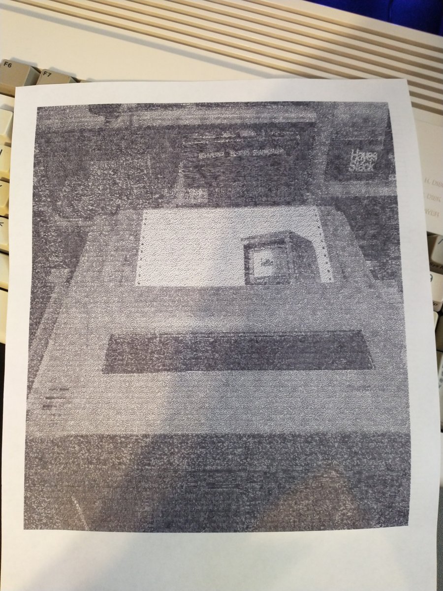 LeftovrBeefcake's tweet image. Here&apos;s an image of my dot matrix printer printing the image of your dot matrix printer printing an image. #Printception 🤓🙃
I should have converted the pic to grayscale and knocked down the print density a bit... (Amiga 1200 / MPS-1250 / Art Department Pro)