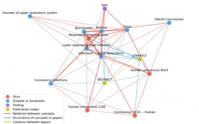 Picture of a network of dots representing potential COVID symptoms and related illnesses, connected by lines