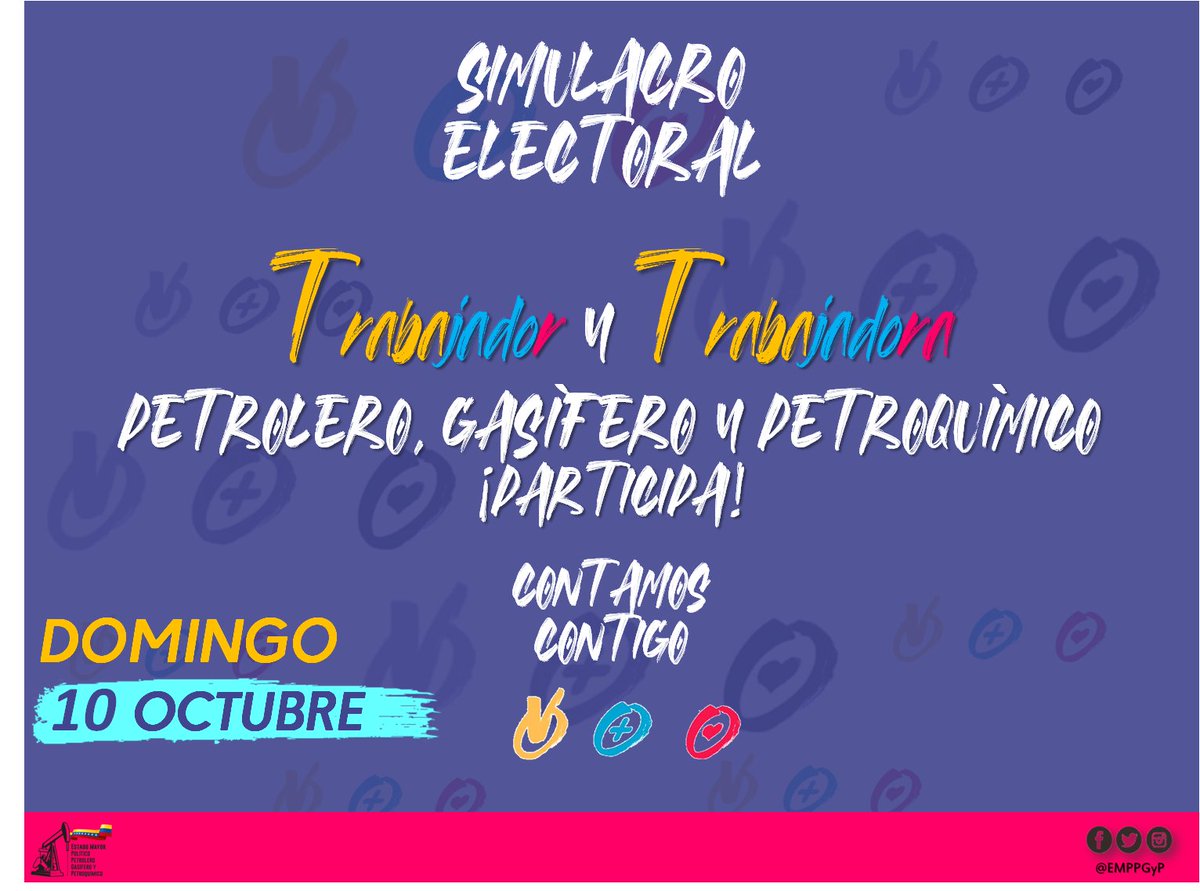 #Invitamos a los trabajadores y trabajadoras de la industria Petrolera, Gasífera Y Petroquímica a participar mañana. 

#simulacroelectoral #10Oct #VenezuelaTieneConQue #EMPPGyP #PSUV #21N