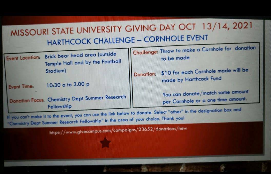 Check out the MSU Giving Day Cornhole event at Bearhead Plaza on Oct. 13/14 from 10am-3pm! For every Cornhole made, $10 will go to the Chemistry Dept. Summer Research Fellowship!