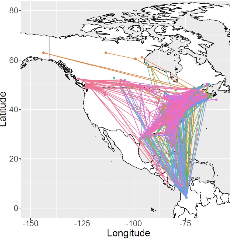 LongPointBirdOb's tweet photo. Just how far can go when they leave here? We have some idea thanks to the Motus Wildlife Tracking System #motuswts #motusmagic . Below is a map of all GCTH band recoveries over the past 100 years, and all Motus thrush tracks over the past 5! https://t.co/6UCd97kIrs