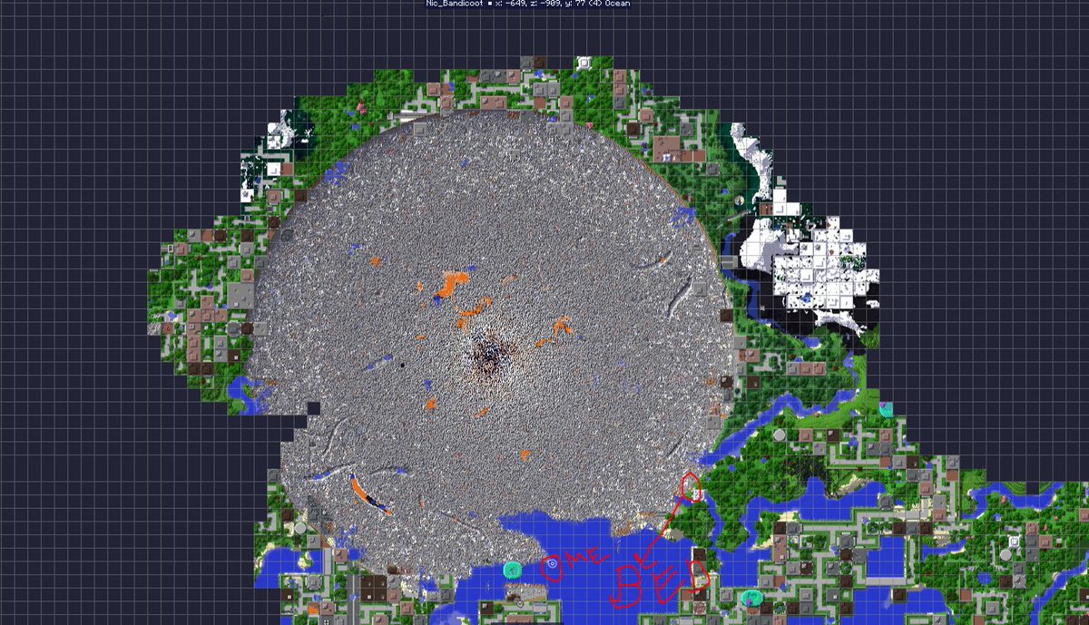 Nic_Bandicoot's tweet photo. Doing my first #modded #Minecraft, had a moment today. I was in the lost city opening #chancecubes, well one of those chance cubes decided to create a draconic reactor meltdown. I got the hell away and this is the result. About 1436 blocks or meters. #projectozone3anewfrontier https://t.co/eON5zxkgFK