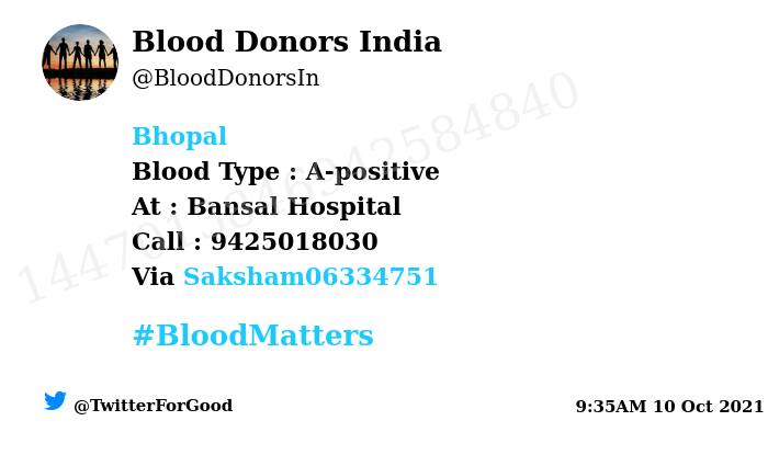 BloodDonorsIn's tweet photo. #Bhopal
Need #Blood Type :  A-positive
Blood Component : Blood
Number of Units : 2
Primary Number : 9425018030
Via: @Saksham06334751
#BloodMatters
Powered by Twitter https://t.co/oJYCyw8owy
