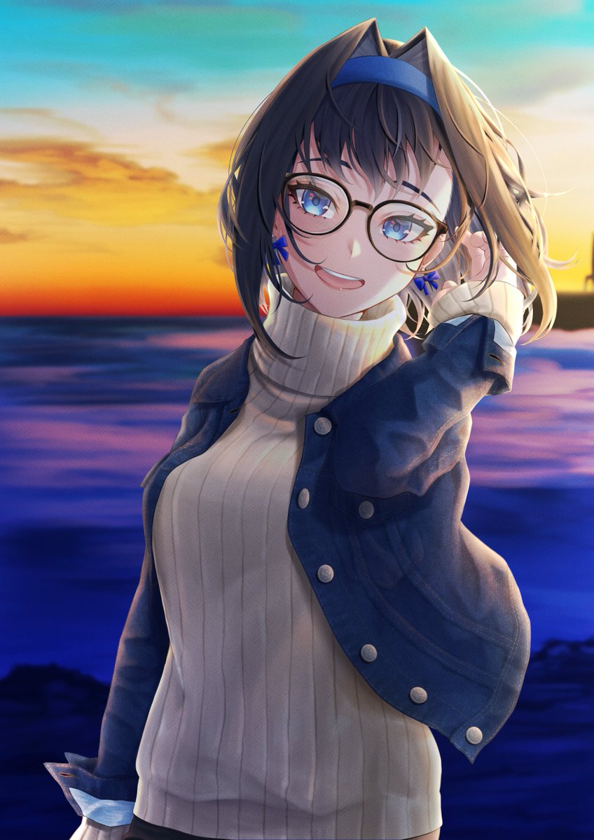 ouro kronii 1girl glasses solo bow earrings blue eyes sweater turtleneck sweater  illustration images