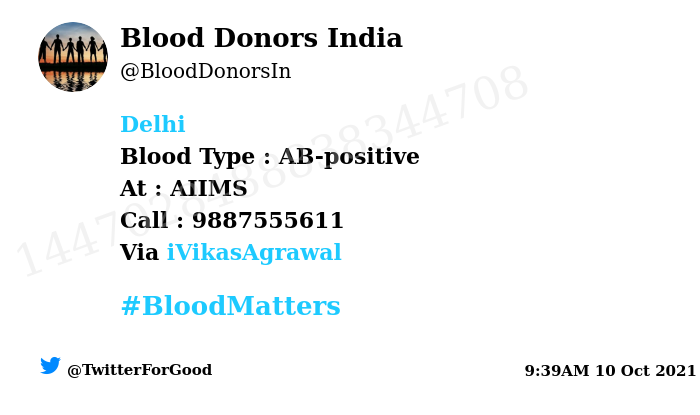 BloodDonorsIn's tweet photo. #Delhi
Need #Blood Type :  AB-positive
Blood Component : Blood
Number of Units : 5
Primary Number : 9887555611
Via: @iVikasAgrawal
#BloodMatters
Powered by Twitter https://t.co/JrlyXVGzdN