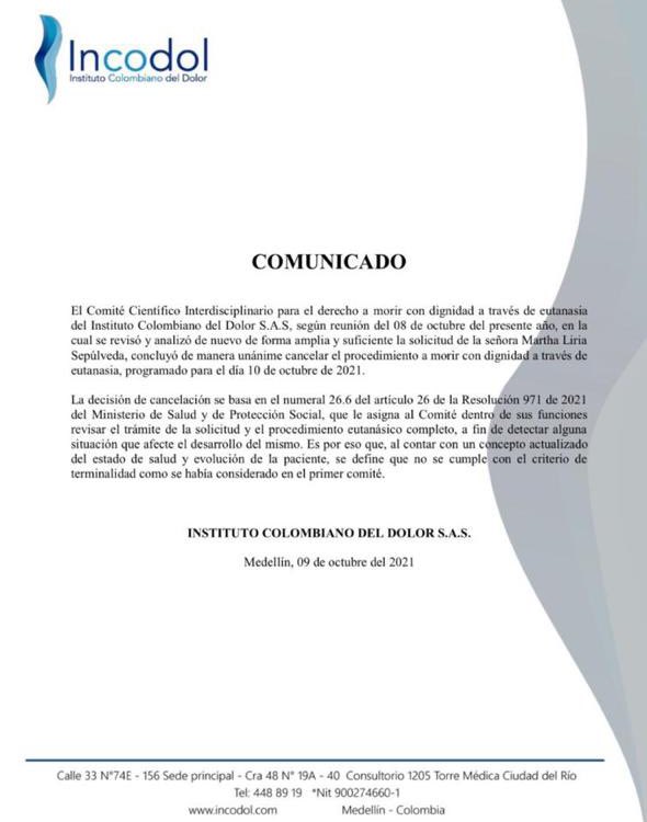 tubarconews's tweet photo. El comunicado de la indignación en Colombia. 
A 36 horas de practicarse el procedimiento de #eutanasia, a Martha Sepúlveda le informaron que no cumplía los requisitos y se suspendía. 
#Incodol es fuertemente criticado. 

https://t.co/MiBXoZbUL7 https://t.co/6lCFFRermo