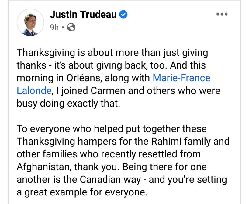 GCFMission's tweet photo. The Canadian PM @JustinTrudeau is the most kindest leader &amp; a great human being we have ever seen in the last 1 decade. He always puts exemplary works on display. Thank you sir for your support to the #afghans in canada in this tough time. #CanadianThanksgiving 
#KindnessMatters https://t.co/6Dp1hM1Wzl