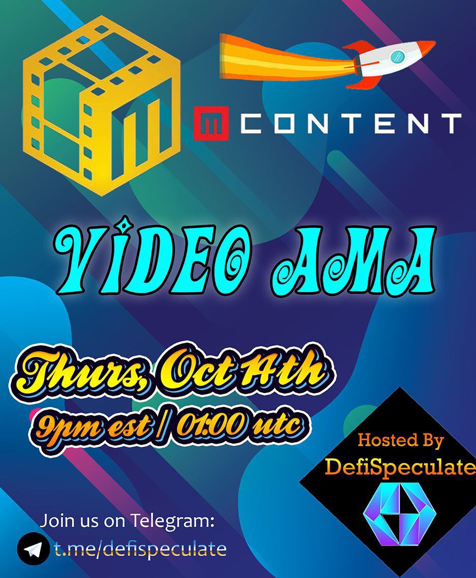 DefiSpeculate's tweet photo. MContent is leading the way when it comes to bridging the crypto and film industries. Join our VIDEO AMA on Thursday to learn more about this very bullish token and team! Ask the best question during the questions portion to earn a BNB prize!

#Mcontent #bsc #100xgem @MContent_ https://t.co/UAqcfYrcwv
