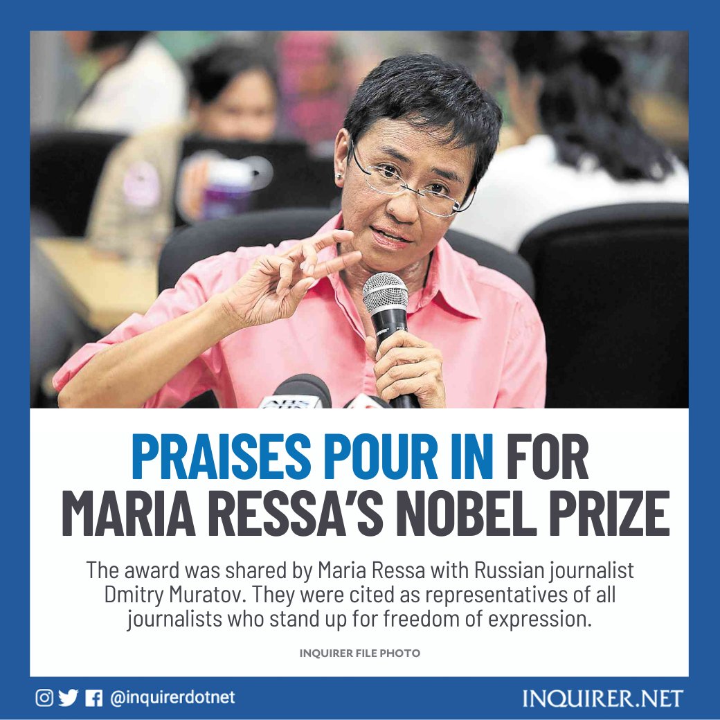 inquirerdotnet's tweet photo. Malacañang remained silent on the Nobel Peace Prize award to Rappler CEO Maria Ressa, even as lawmakers and business groups described it both as an indictment of the Duterte administration and applause to courageous Filipino journalists under fire.

Read: https://t.co/OTggSUUUuN https://t.co/i695R0zWto
