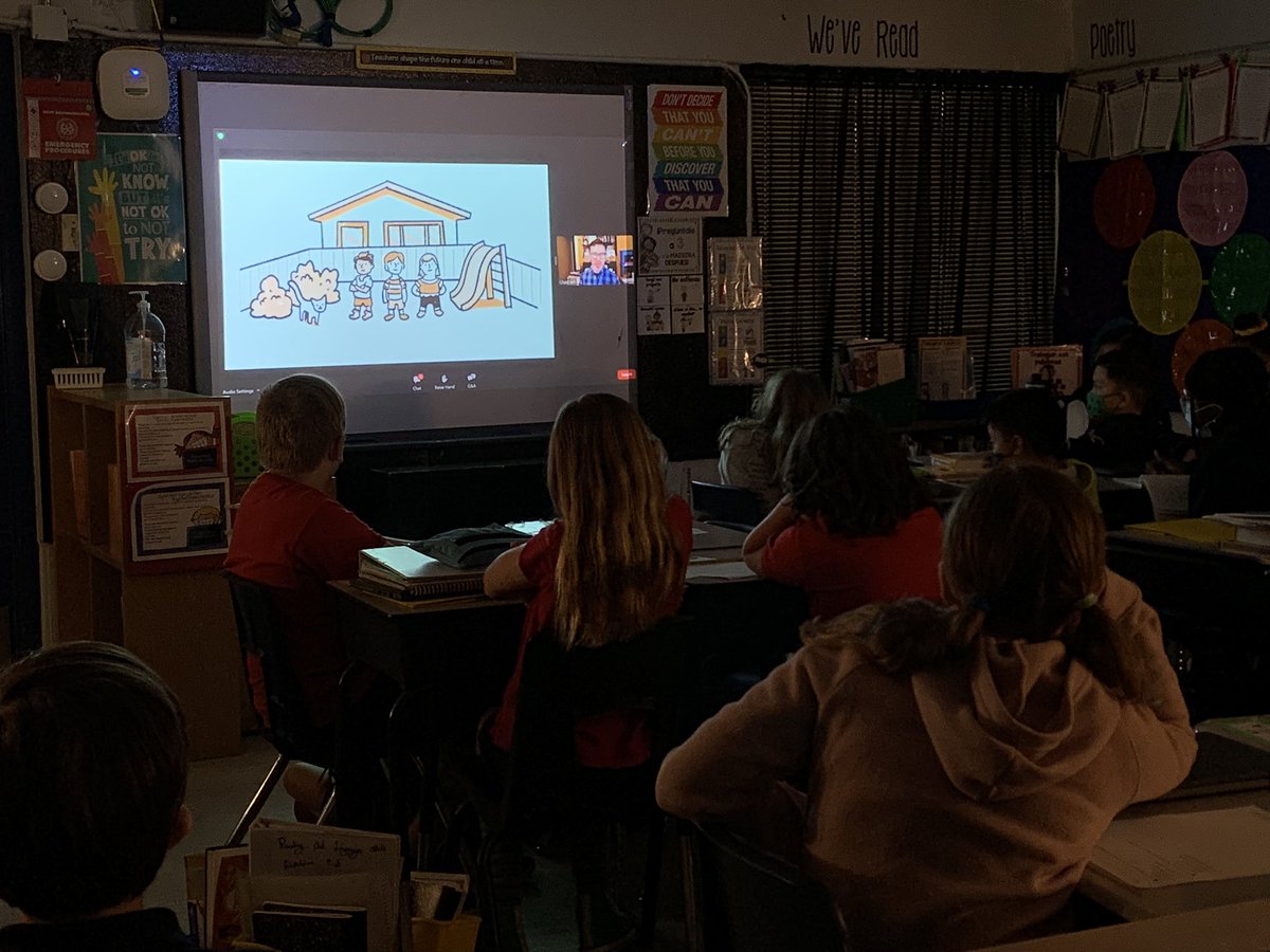 Anne_Baum12's tweet photo. Virtual author visit with @chadsell01!  5th graders at @DurhamES were mesmerized while he showed us his drawing process. Inspiring students to practice their own 😍 Thank you @BlueWillowBooks and @Hoggmslibrary for this opportunity! @Hogg_Razorbacks @maddisonguevara https://t.co/oW9jJMtLIW